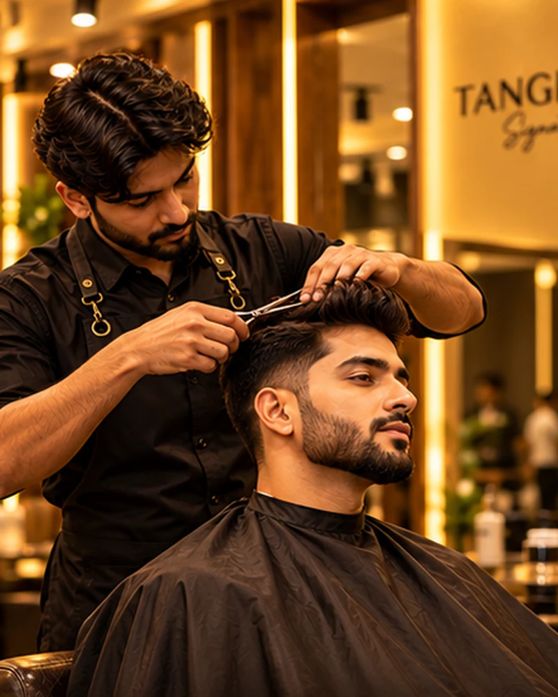 Illustrative photograph of haircut & styling at a premium salon