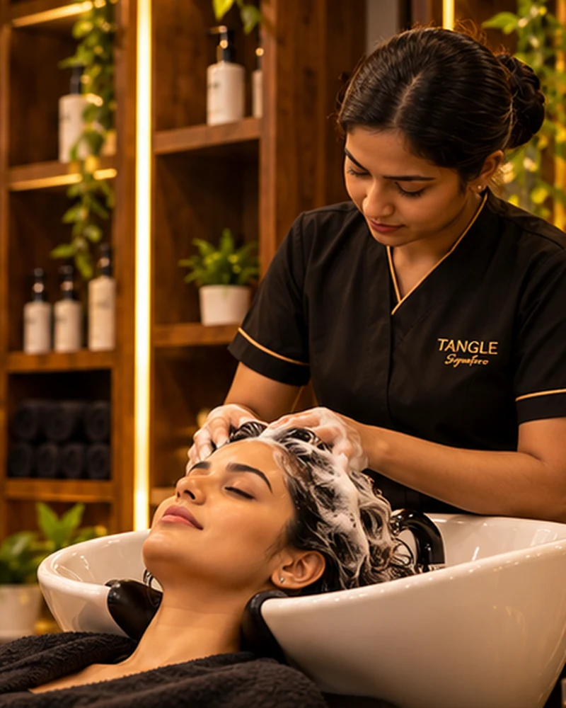 Illustrative photograph of hair wash & conditioning at a premium salon