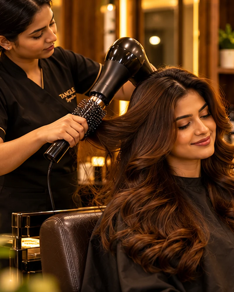 Illustrative photograph of blow dry & finish at a premium salon