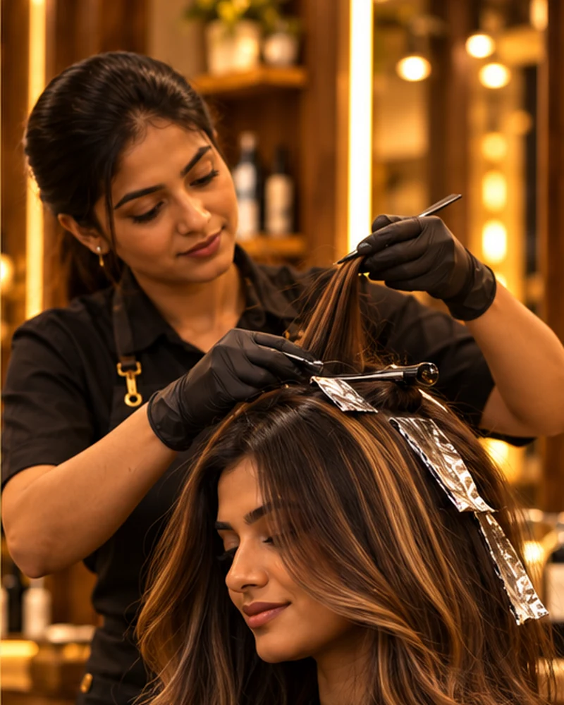 Illustrative photograph of hair highlights at a premium salon