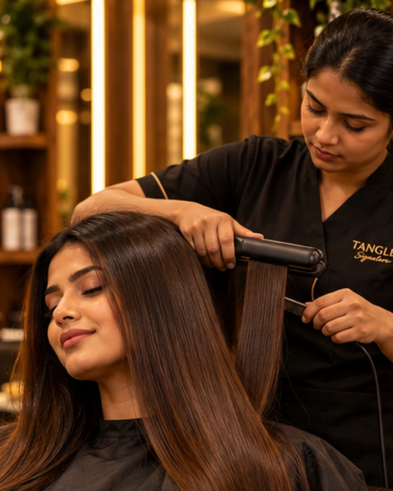 Illustrative photograph of hair straightening at a premium salon