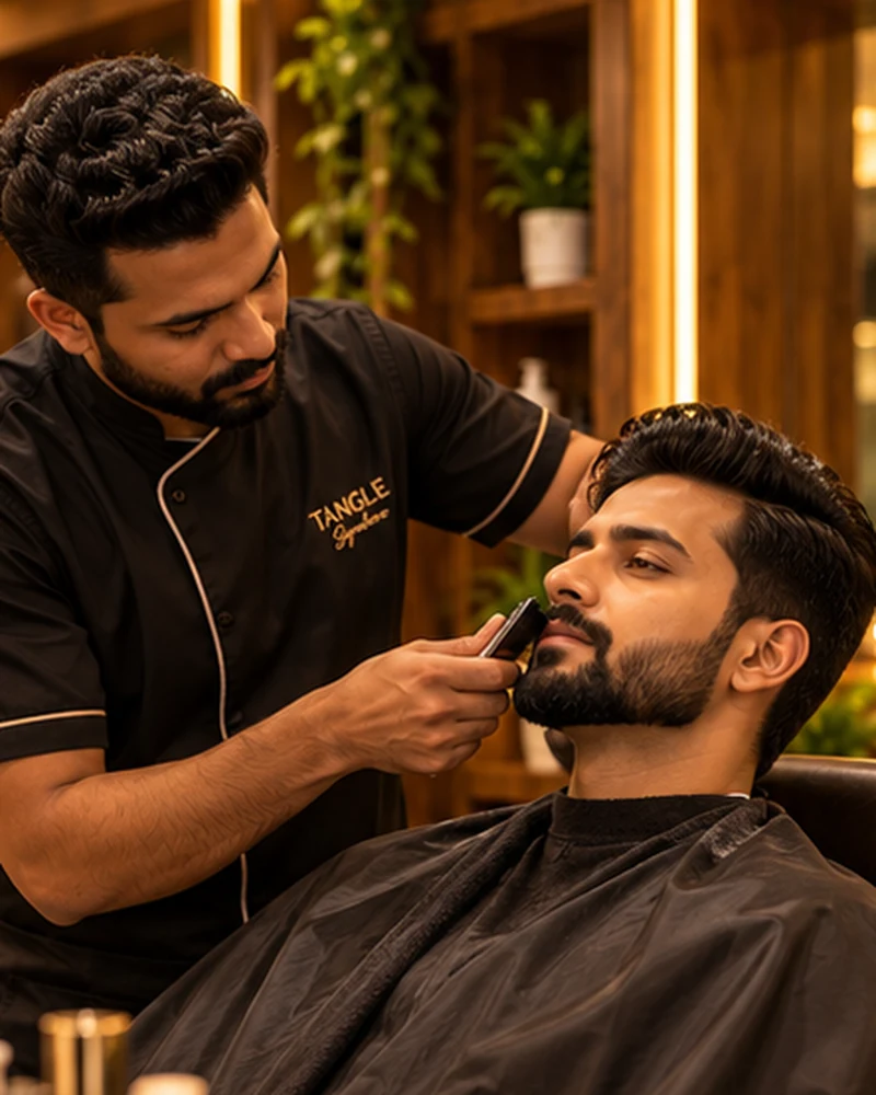 Illustrative photograph of beard styling at a premium salon