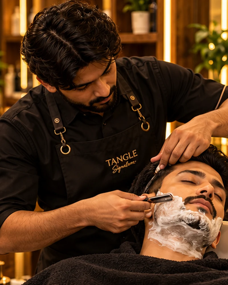 Illustrative photograph of shaving at a premium salon