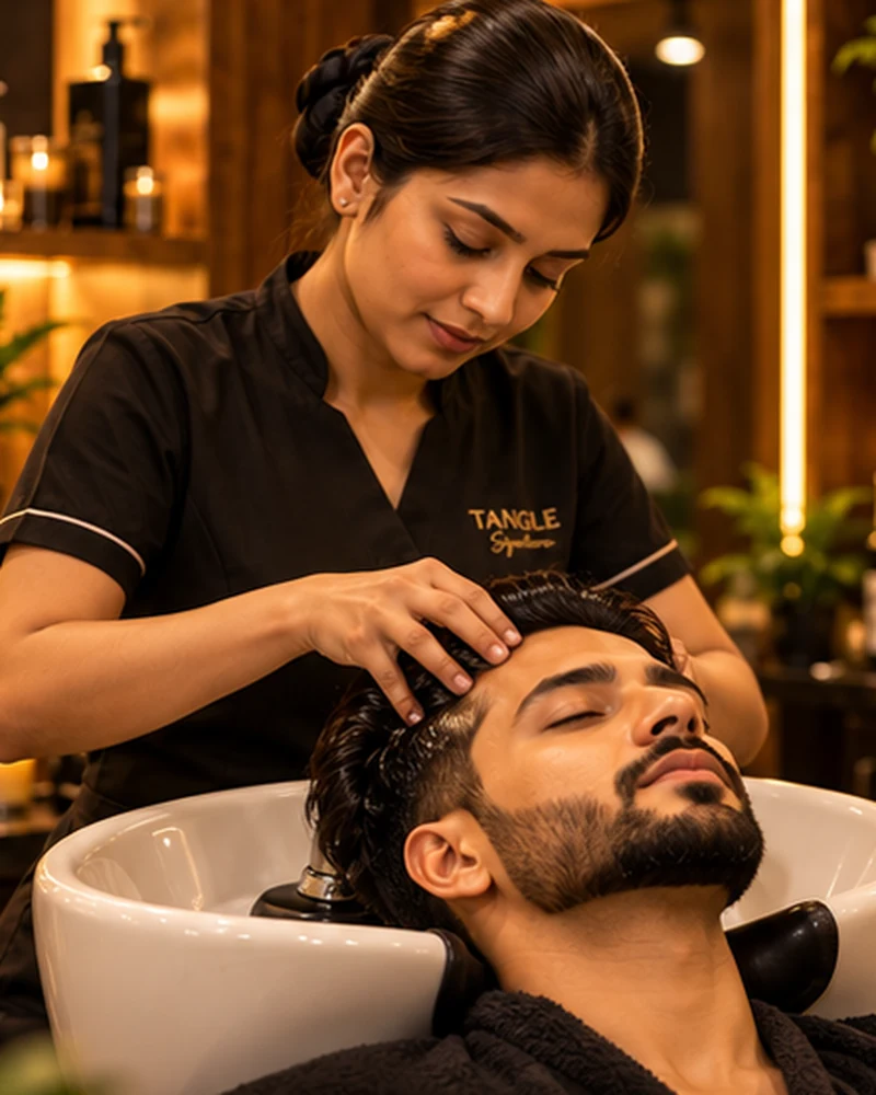Illustrative photograph of head massage at a premium salon