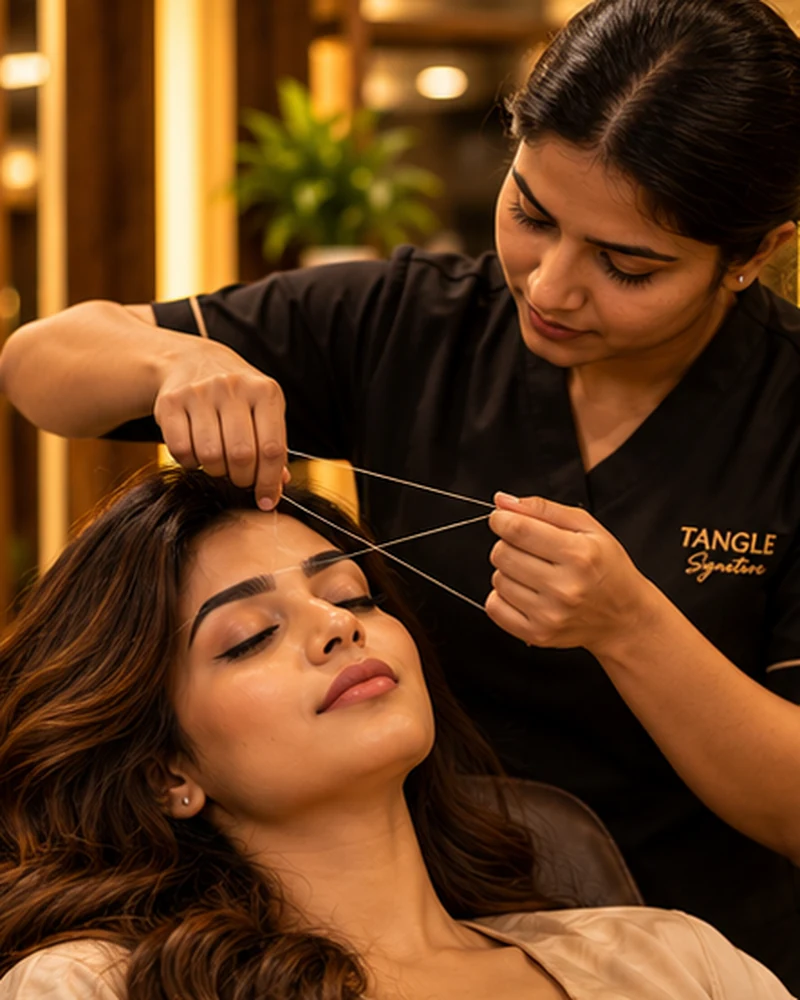 Illustrative photograph of threading at a premium salon
