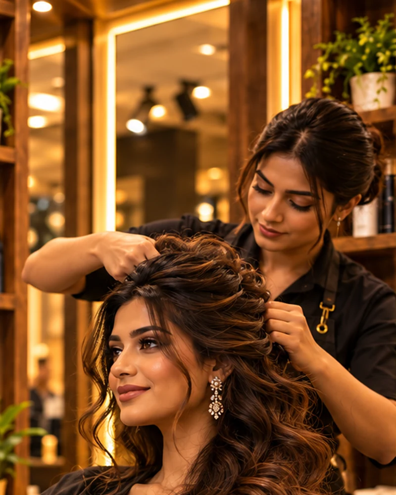 Illustrative photograph of party hairstyling at a premium salon