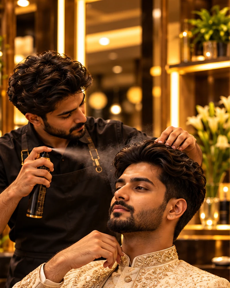 Illustrative photograph of groom styling at a premium salon