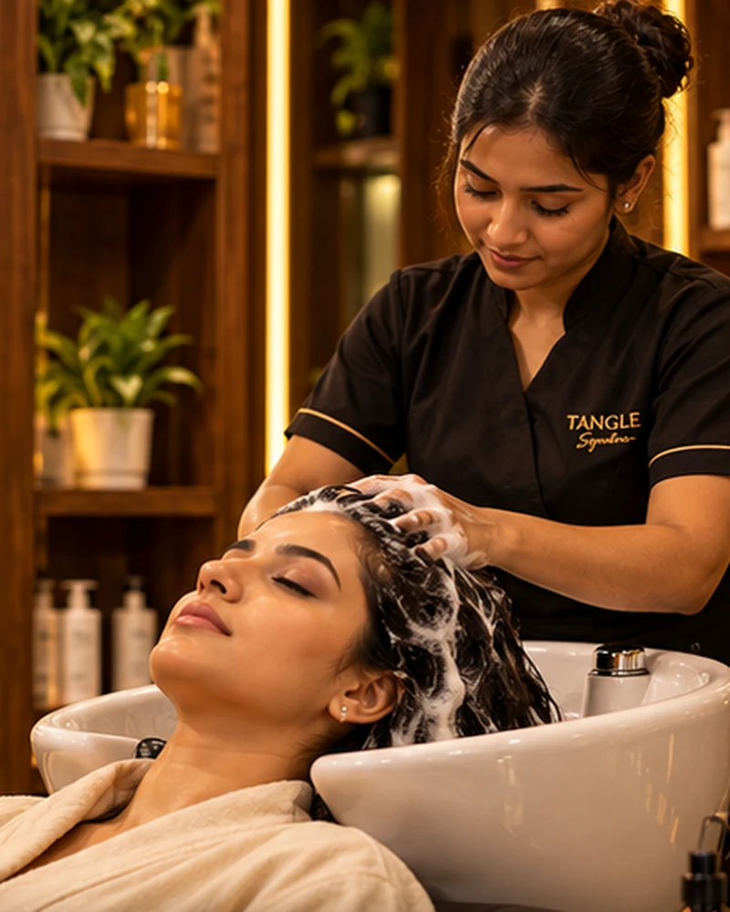 Illustrative photograph of hair & scalp ritual at a premium salon