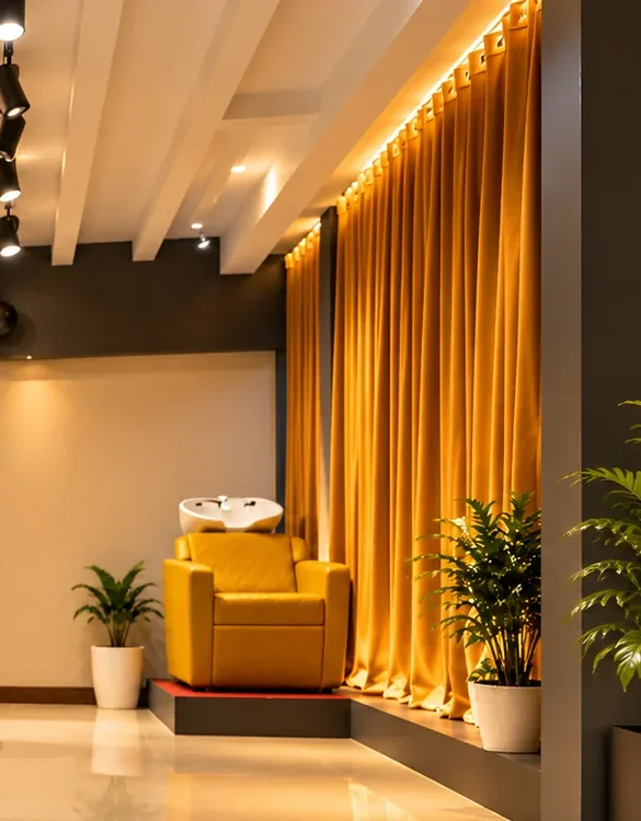 Golden curtains and hair-wash seating