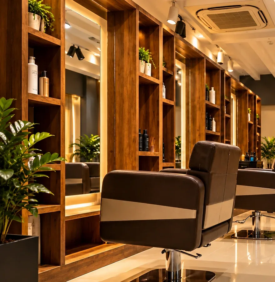 Salon mirrors with oak-toned cabinetry and illuminated frames