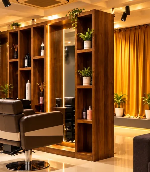Natural wood and warm mirror lighting in the salon